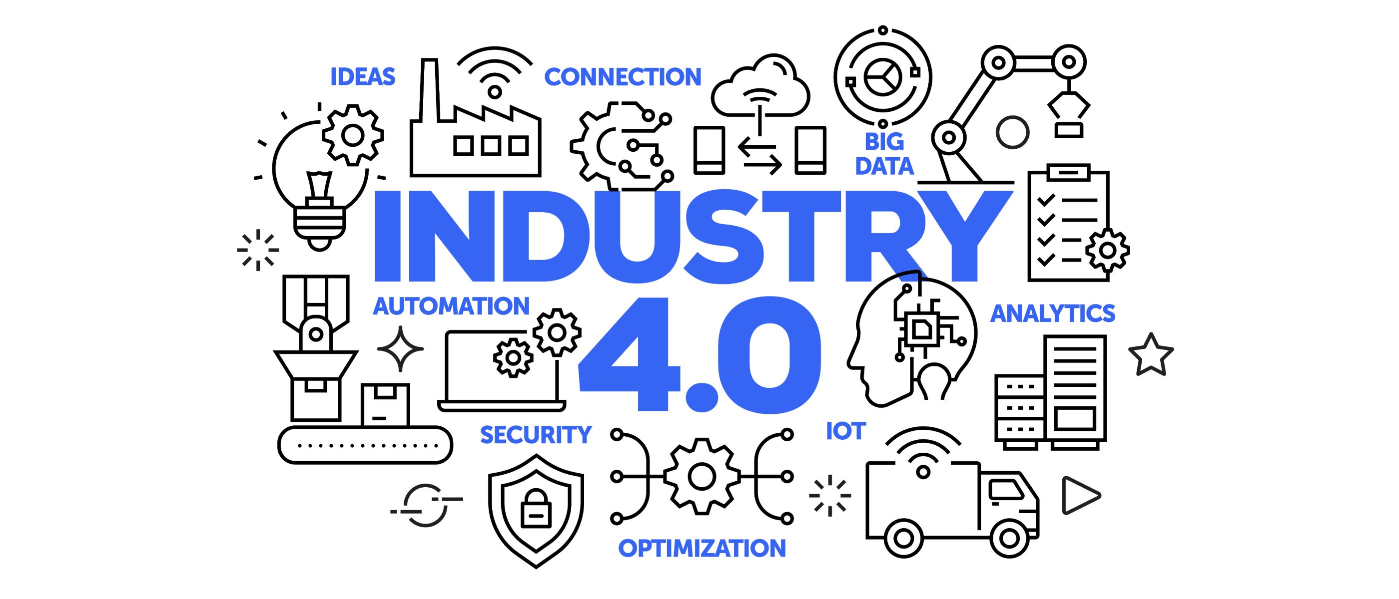 Industry 4.0 infographic showing automation, IoT, big data, analytics, and smart manufacturing concepts