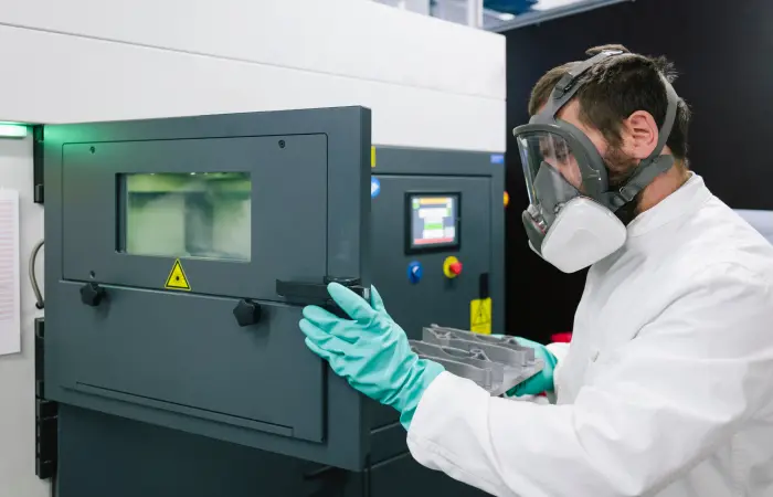 Technician wearing protective gear operating industrial testing or manufacturing equipment in a clean facility