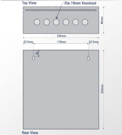 Enclosure dimension diagram showing top and rear views with measurements