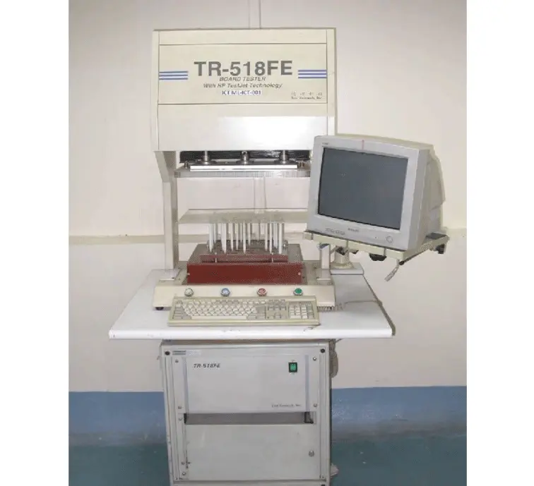 In-circuit board tester machine with fixture bed, control panel, and monitor for PCB testing