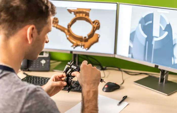 Mechanical engineer measuring prototype part with calipers while reviewing CAD models on dual monitors
