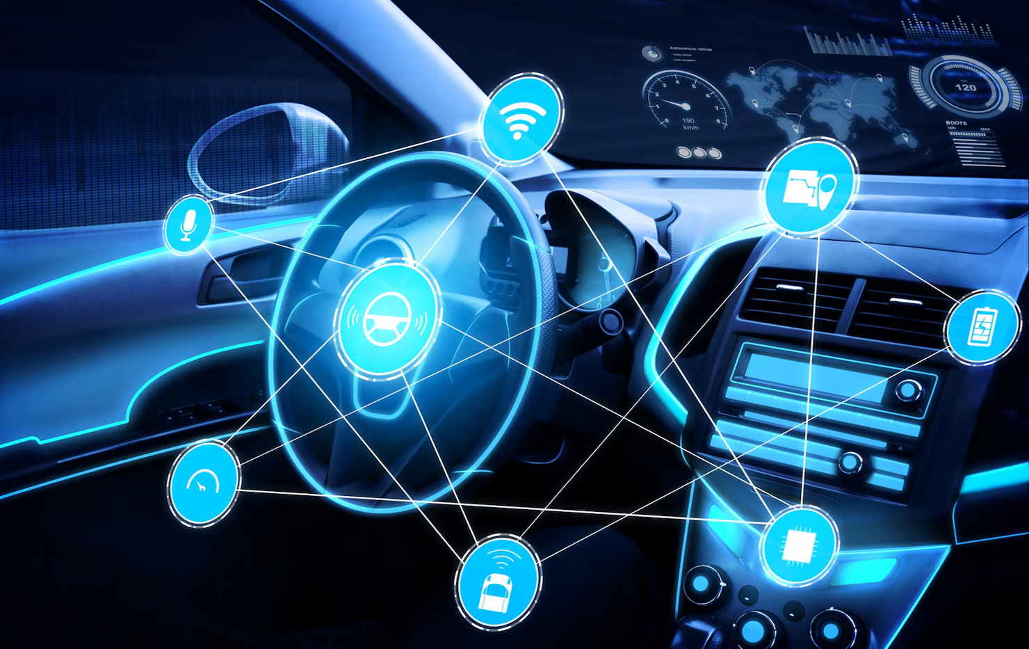 Futuristic car dashboard with IoT connectivity icons for autonomous driving