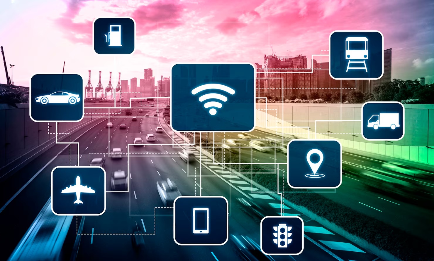 Smart city traffic with IoT connectivity icons for transport and navigation