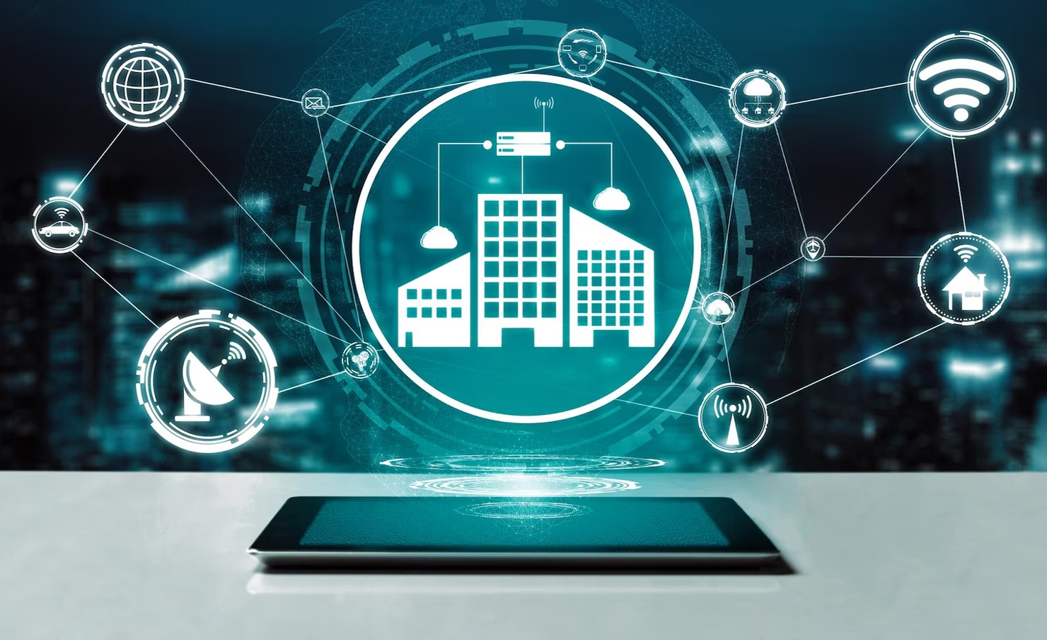 Digital IoT network connecting smart city buildings and devices