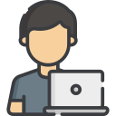 Illustration of a person using a laptop for work or online tasks