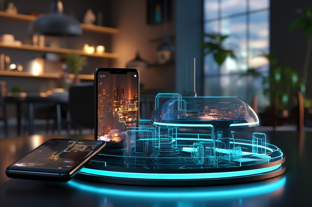 Futuristic smartphone projecting holographic smart city on charging dock