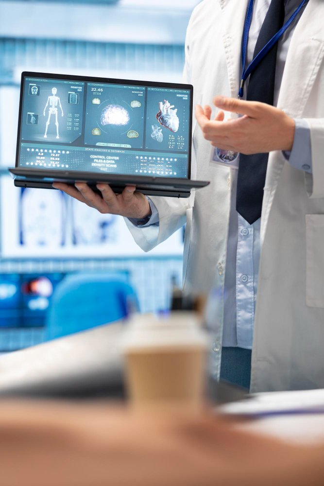 Doctor viewing holographic patient scans on tablet in medical lab