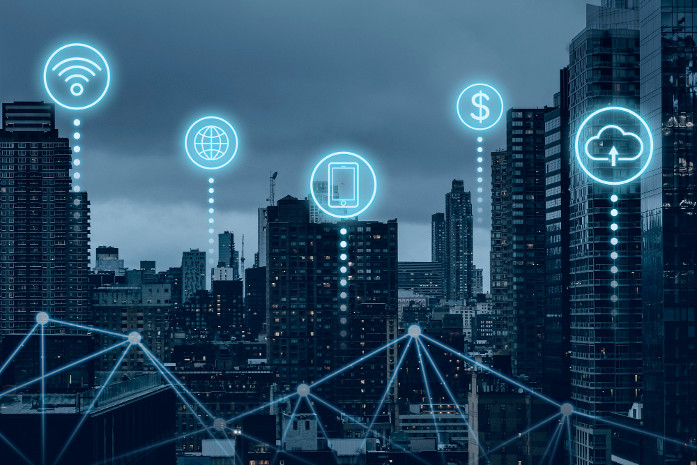 Futuristic city skyline with IoT network icons and digital connections