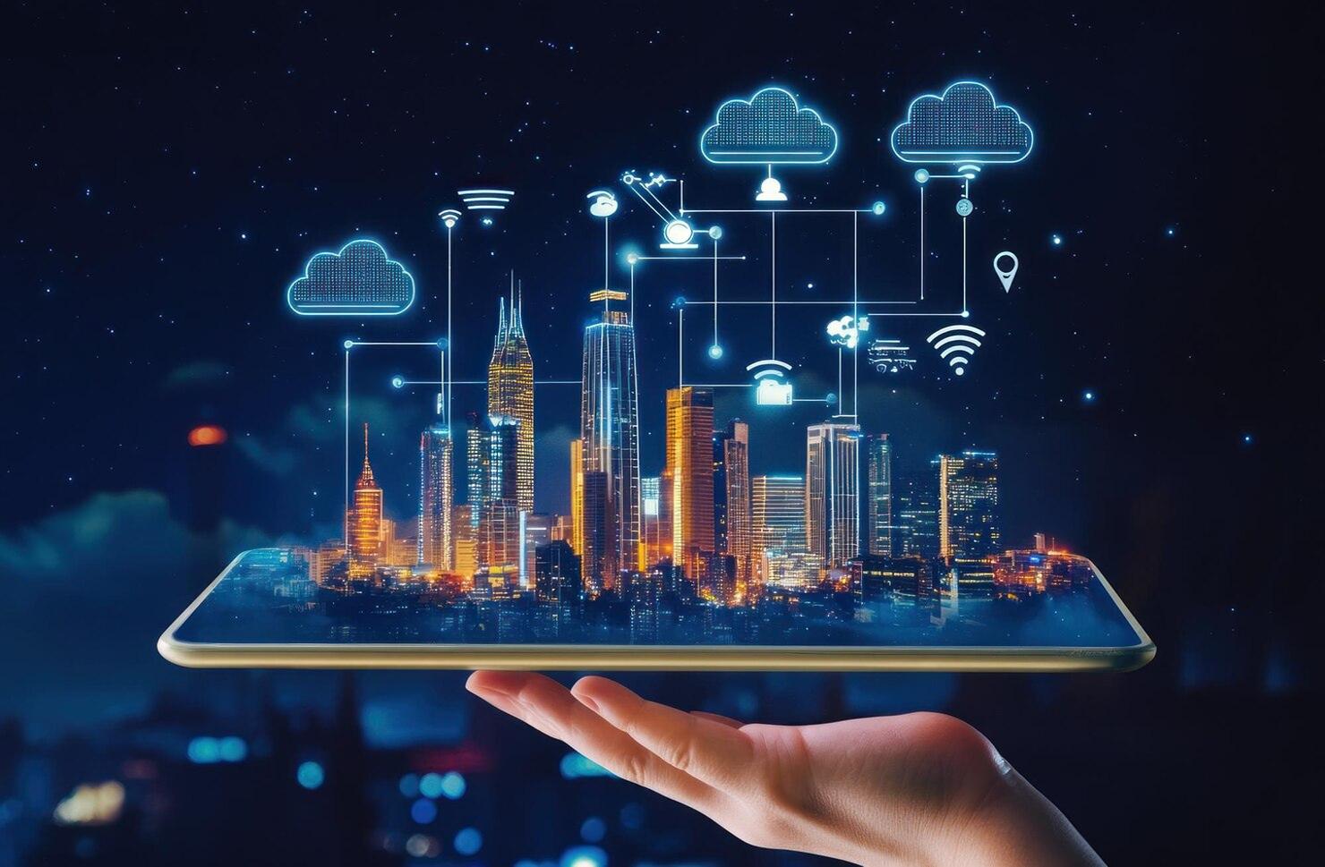 Hand holding smartphone displaying holographic smart city with IoT clouds