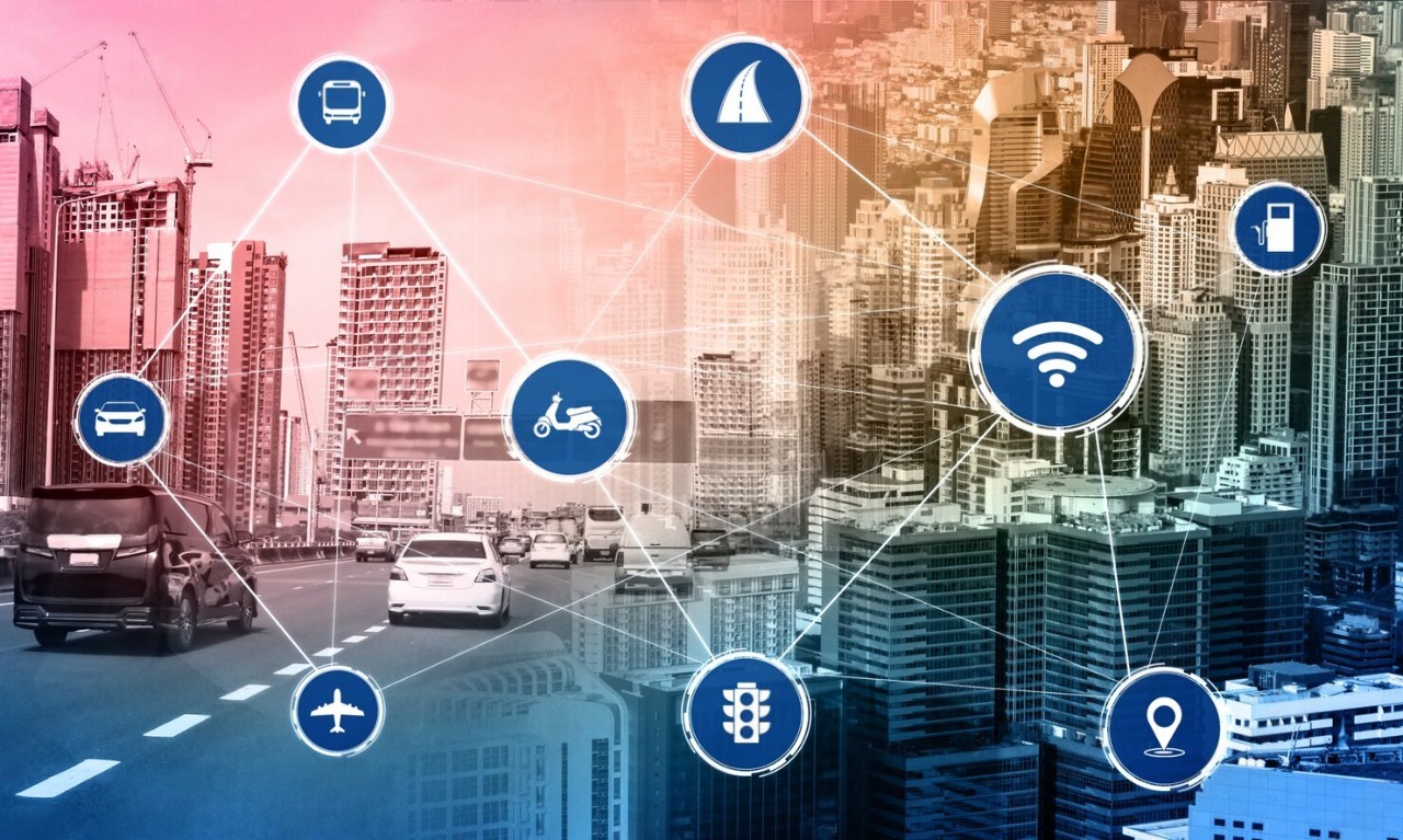 Smart city traffic network with IoT icons for transport and connectivity