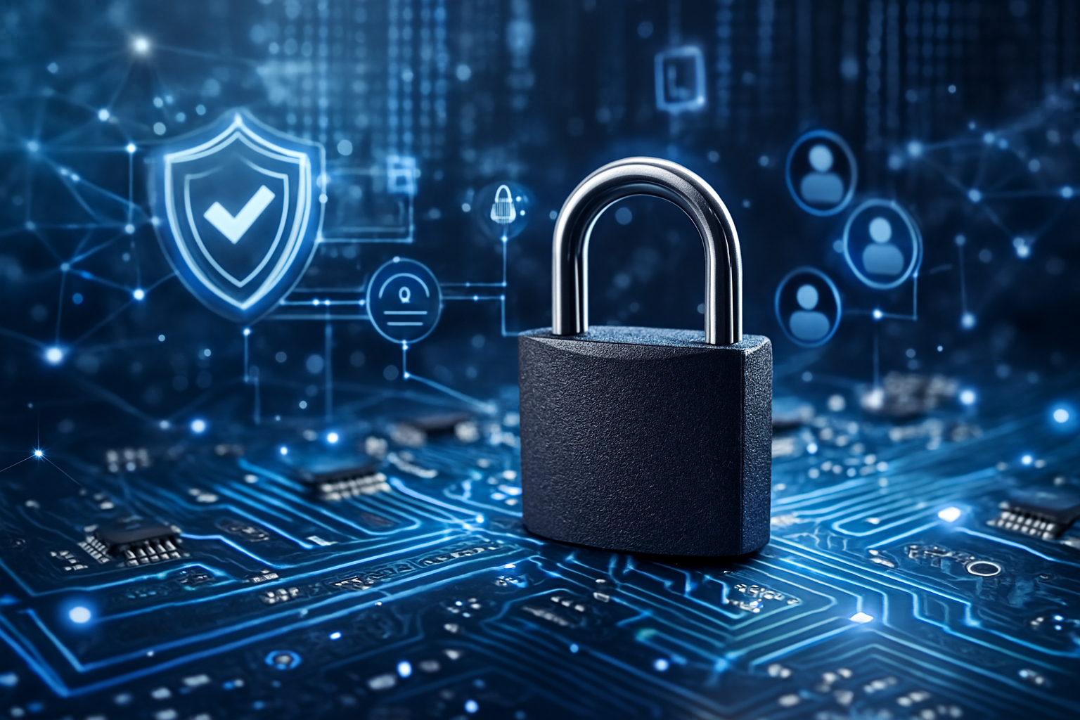 Digital cybersecurity lock with shield and binary code background