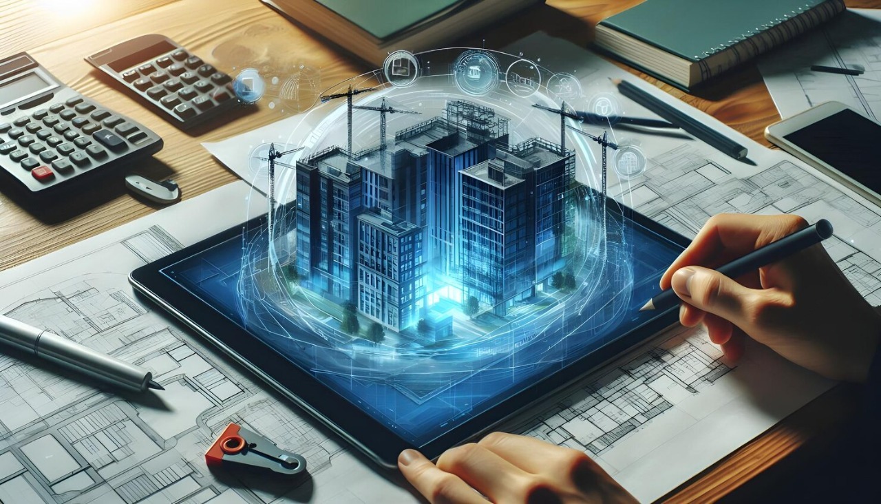 Architect designing a 3D smart building model on a tablet with digital construction tools