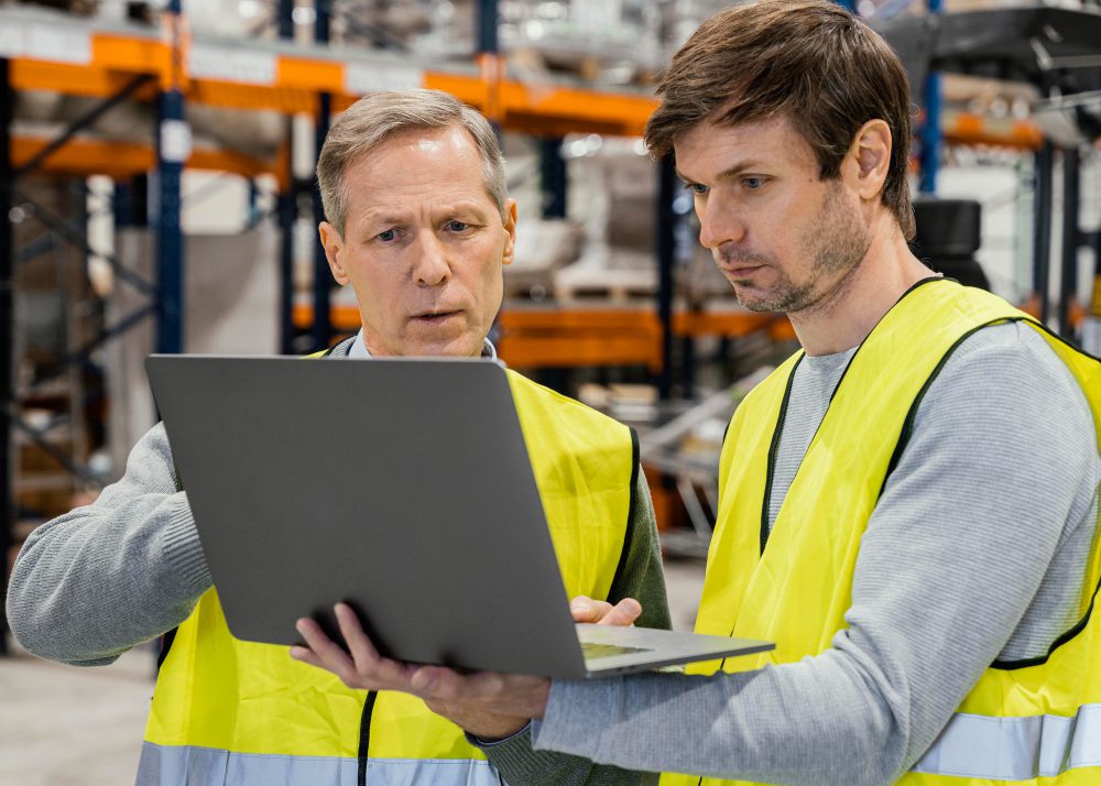 Warehouse supervisors reviewing inventory data on a laptop while wearing safety vests in a logistics facility