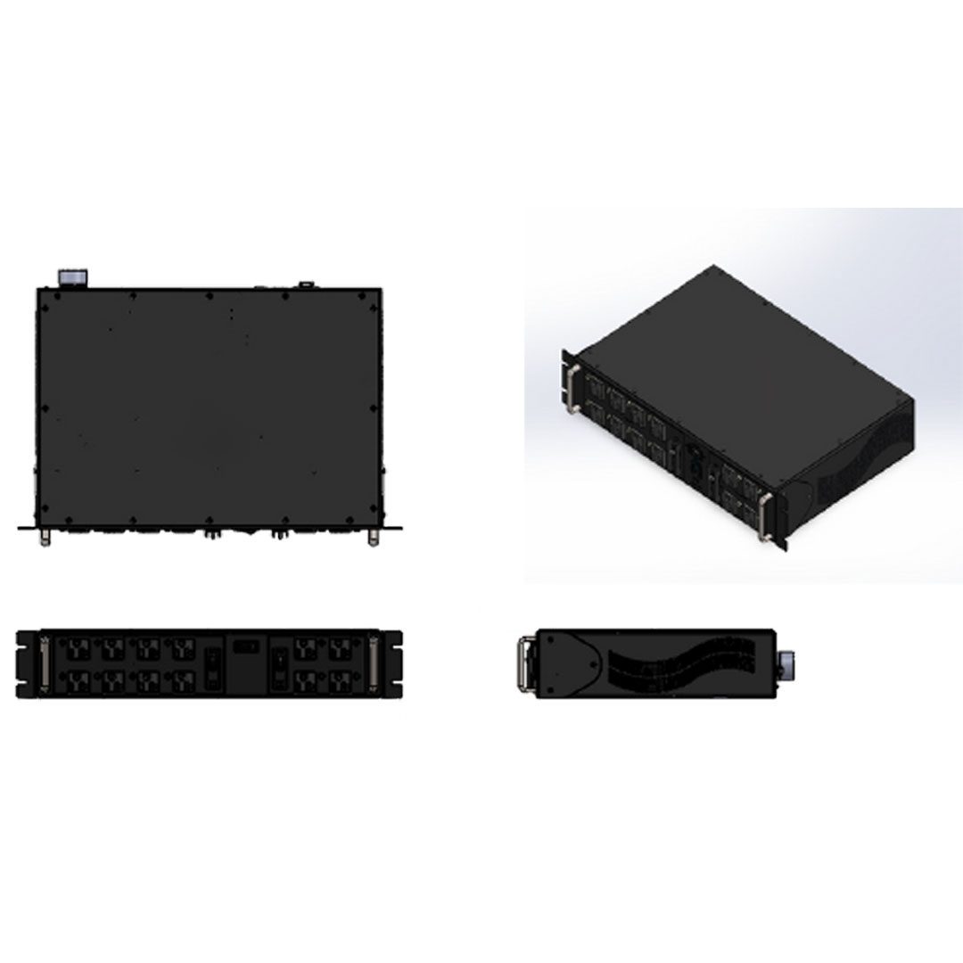 Rack-mount industrial power distribution unit with multiple output ports shown from front, rear, top, and side views