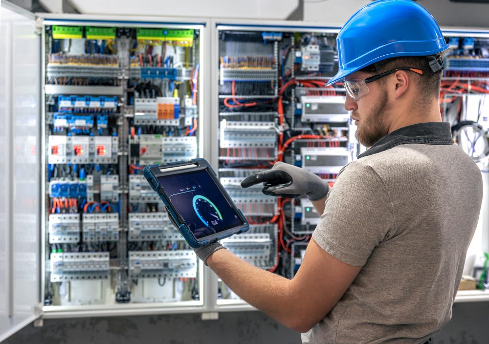 Industrial technician using tablet to monitor electrical control panel and automation systems in a smart factory