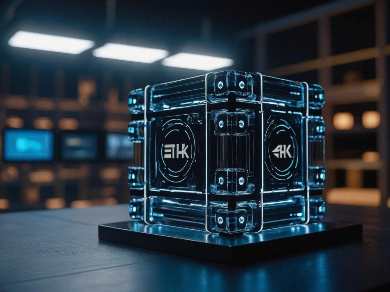 Futuristic transparent 4K data cube representing AI, machine learning, and secure digital storage technology