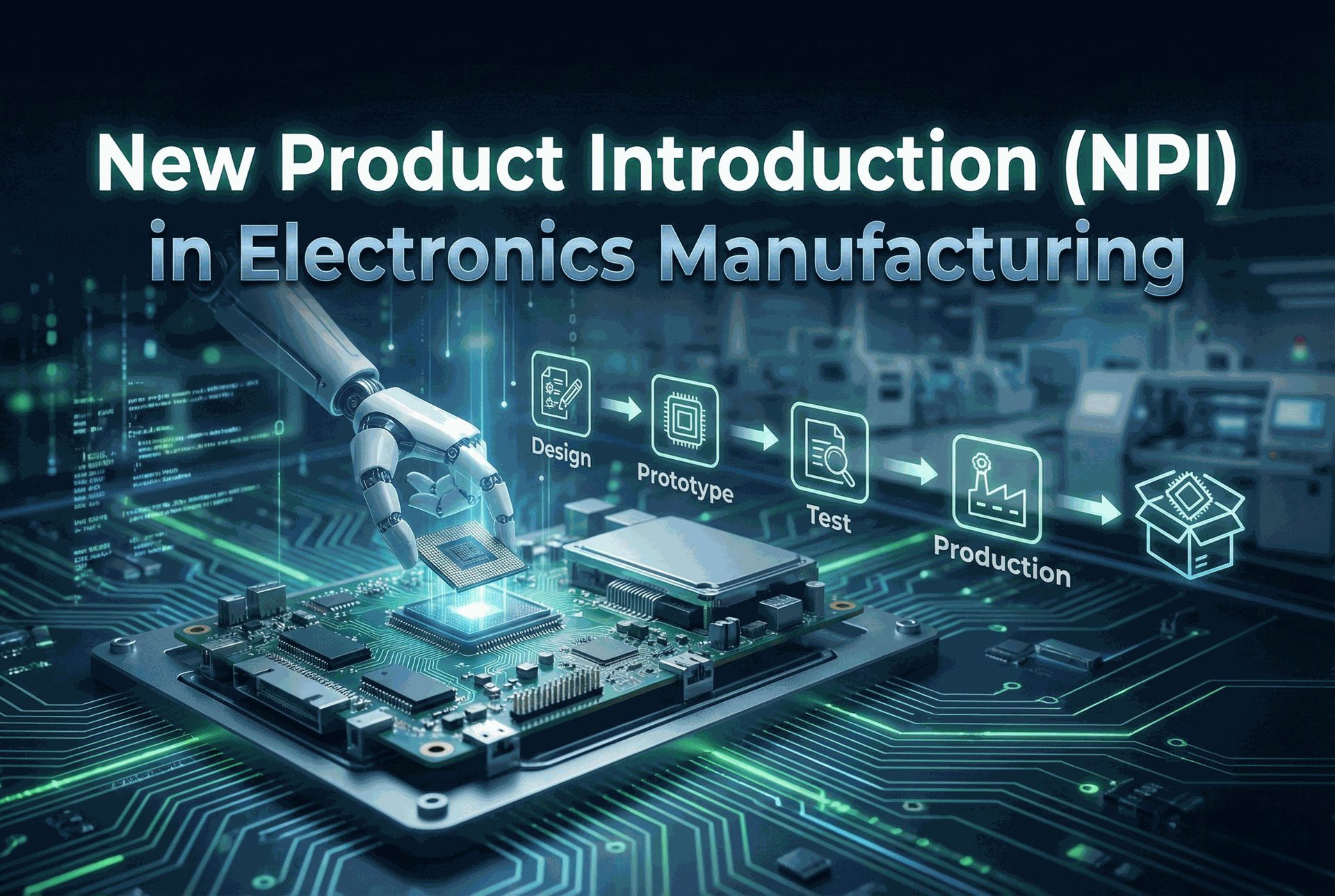 New Product Introduction NPI process in electronics manufacturing with PCB design, prototyping, testing, production