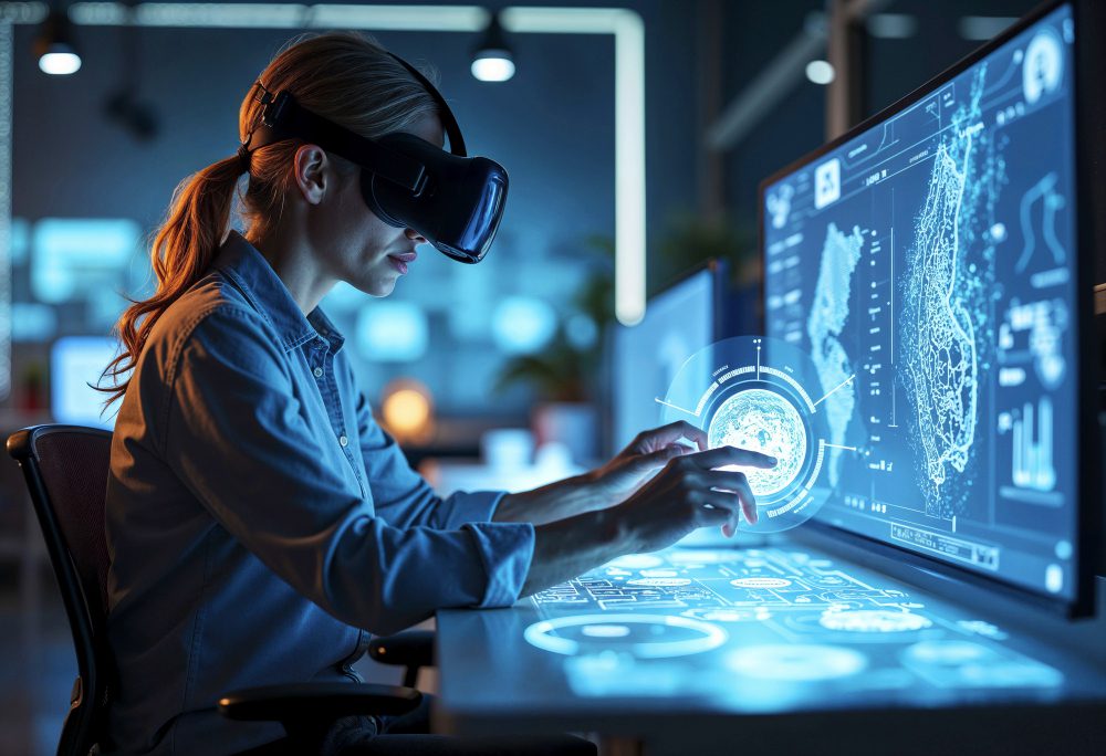 AI researcher using virtual reality headset to analyze holographic data on advanced digital interface