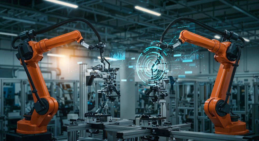 Industrial IoT robotic arms connected with real-time data analytics in a smart manufacturing facility