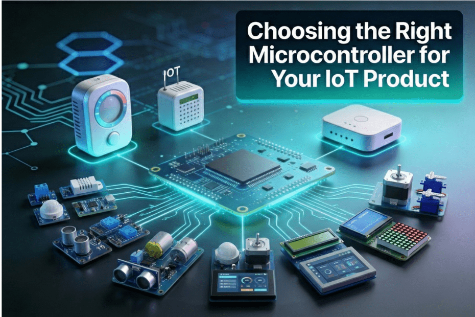 IoT devices connected to a central microcontroller, illustrating how to choose the right MCU for IoT products