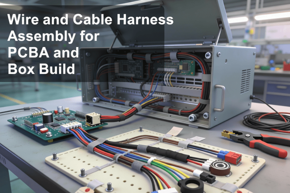 Wire and cable harness assembly for PCBA and box build in electronics manufacturing facility