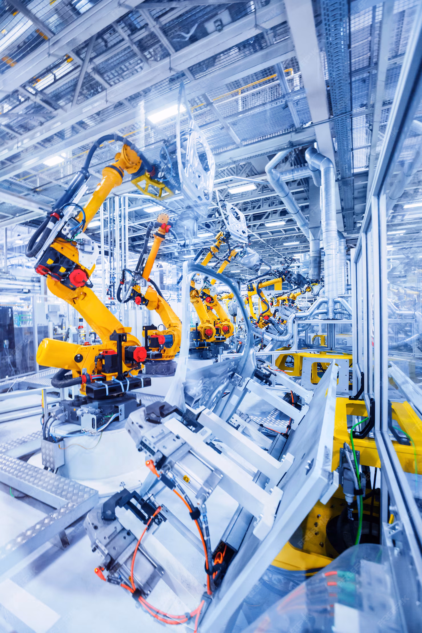 Industrial automation robots assembling car body parts on a high-tech automotive production line
