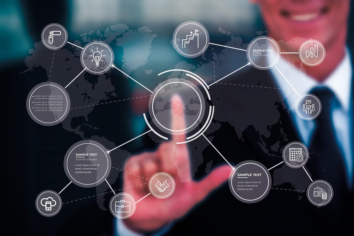 Business professional interacting with digital global network interface showing strategy, analytics, and technology icons
