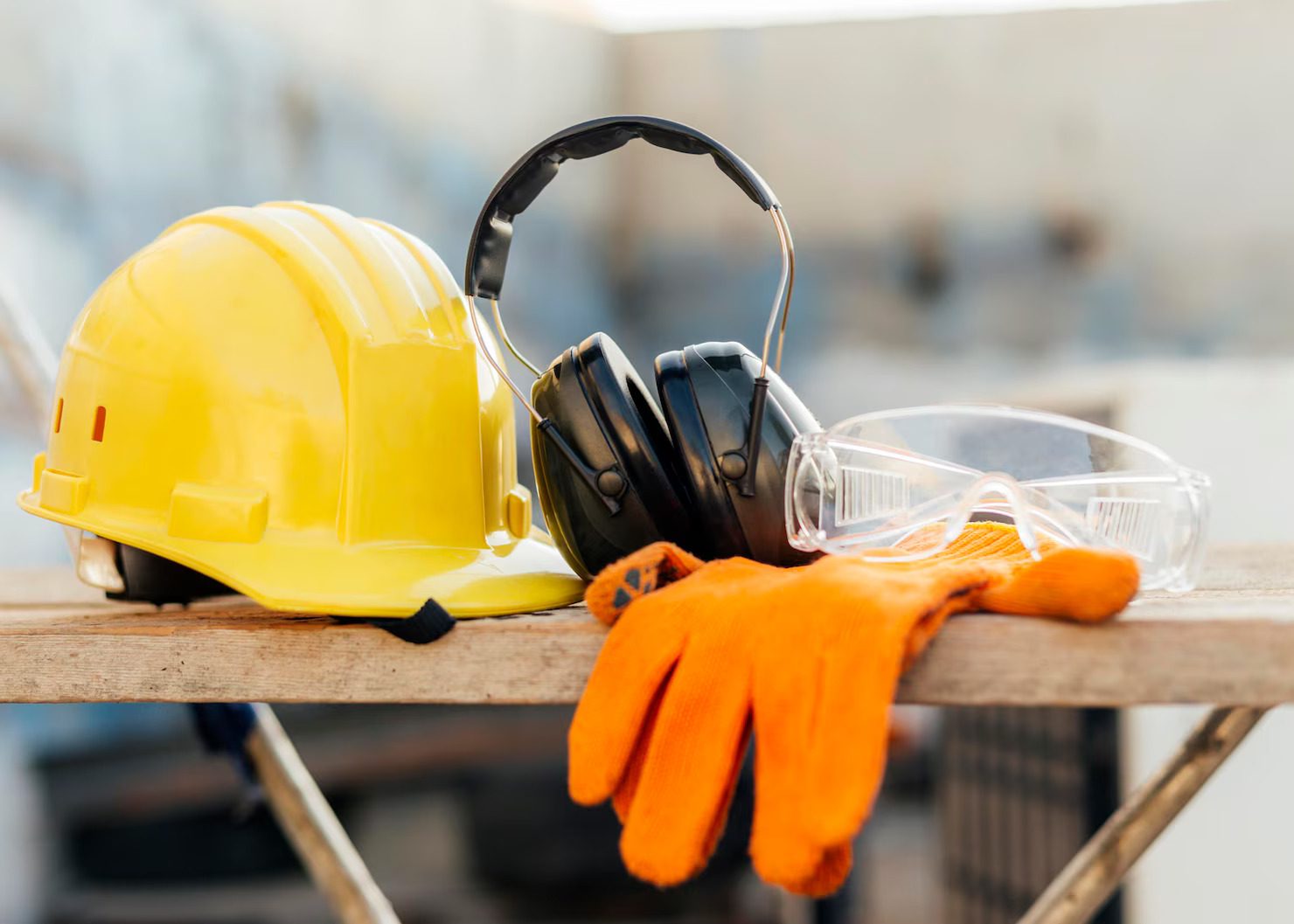 Construction safety gear including hard hat, gloves, ear protection, and safety glasses on worksite table