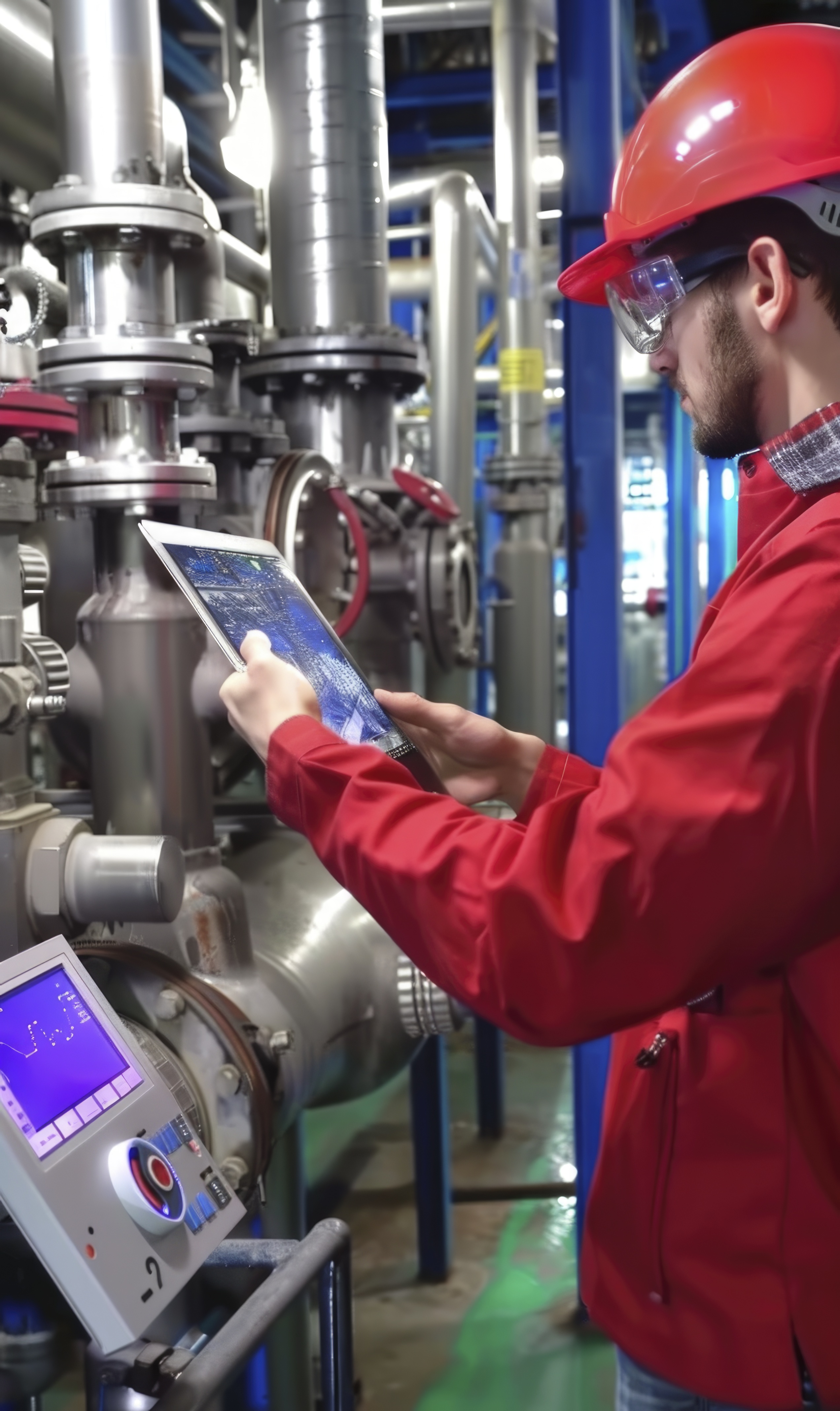 Industrial engineer using tablet to monitor pipeline systems and process control equipment in a manufacturing facility